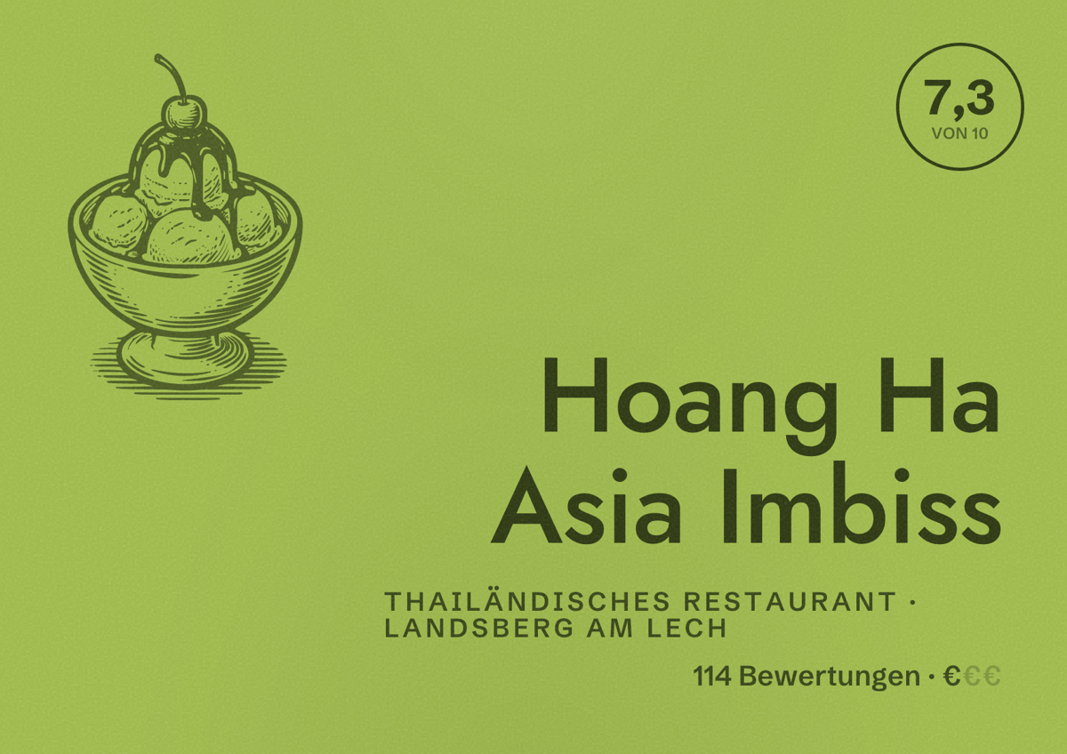 Illustriertes Poster von Hoang Ha Asia Imbiss, Thailändisches Restaurant in Landsberg am Lech: Bewertung 7,3 von 10 aus 114 Bewertungen, Preisniveau €