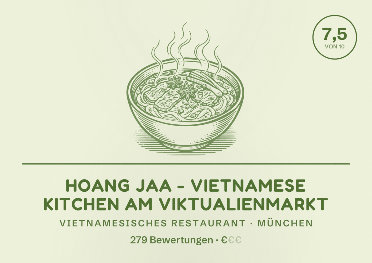 Illustriertes Poster von Hoang Jaa - Vietnamese Kitchen am Viktualienmarkt, Vietnamesisches Restaurant in München: Bewertung 7,5 von 10 aus 279 Bewertungen, Preisniveau €
