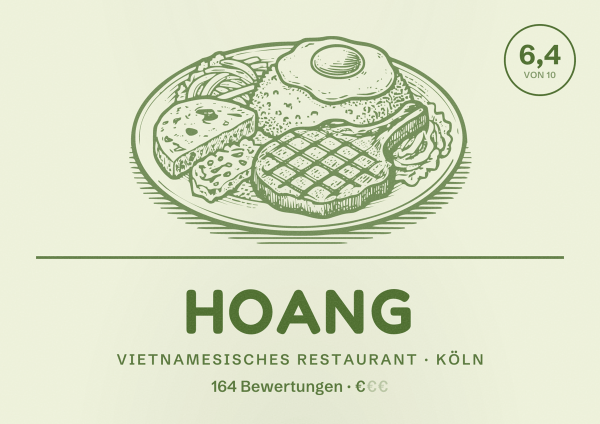 Illustriertes Poster von Hoang, Vietnamesisches Restaurant in Köln: Bewertung 6,4 von 10 aus 164 Bewertungen, Preisniveau €