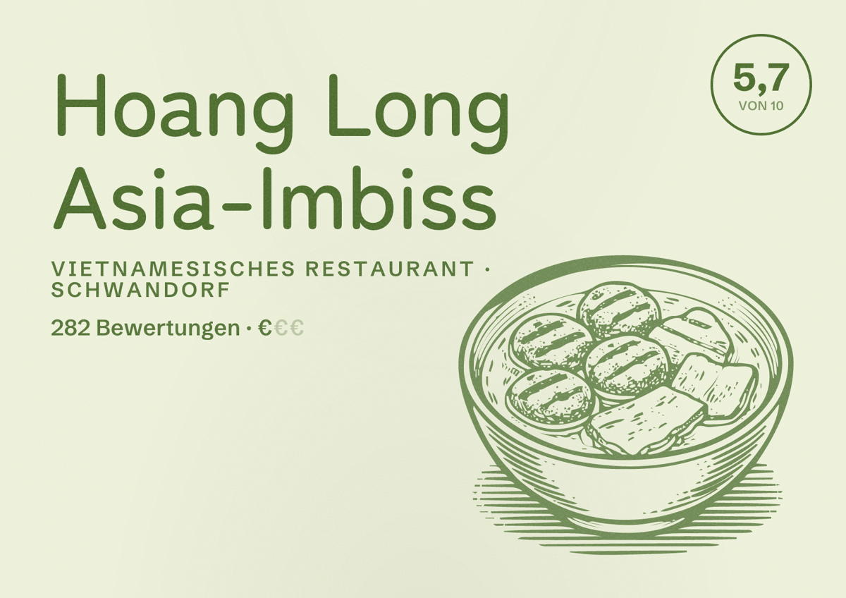 Illustriertes Poster von Hoang Long Asia-Imbiss, Vietnamesisches Restaurant in Schwandorf: Bewertung 5,7 von 10 aus 282 Bewertungen, Preisniveau €
