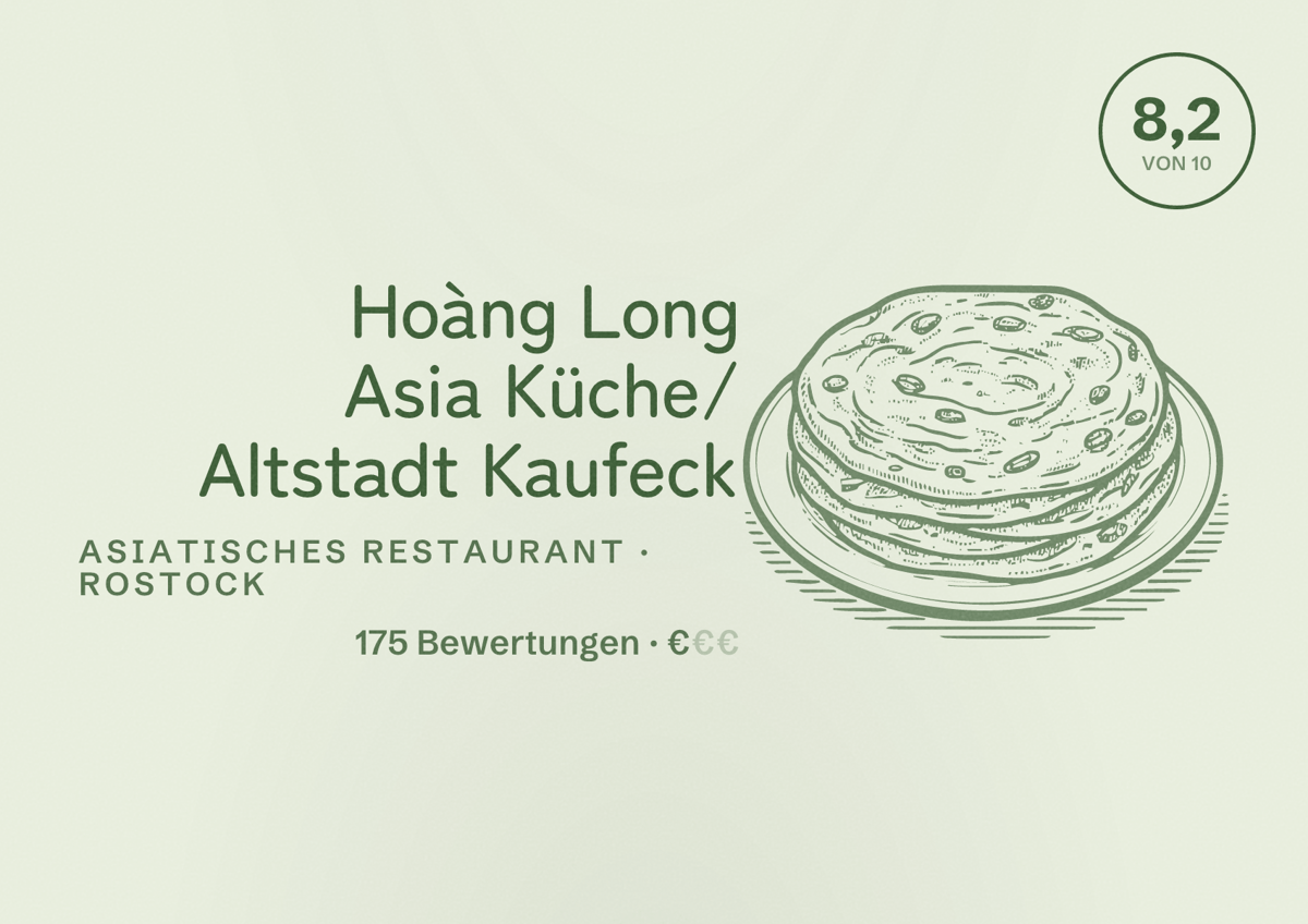 Illustriertes Poster von Hoàng Long Asia Küche/ Altstadt Kaufeck, Asiatisches Restaurant in Rostock: Bewertung 8,2 von 10 aus 175 Bewertungen, Preisniveau €