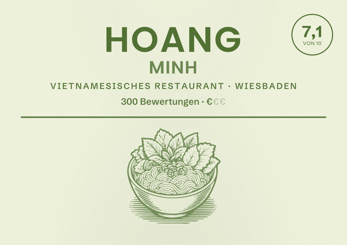 Illustriertes Poster von Hoang Minh, Vietnamesisches Restaurant in Wiesbaden: Bewertung 7,1 von 10 aus 300 Bewertungen, Preisniveau €