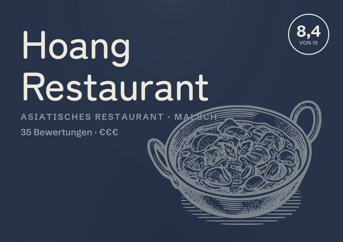 Illustriertes Poster von Hoang Restaurant, Asiatisches Restaurant in Malsch: Bewertung 8,4 von 10 aus 35 Bewertungen, Preisniveau €€€