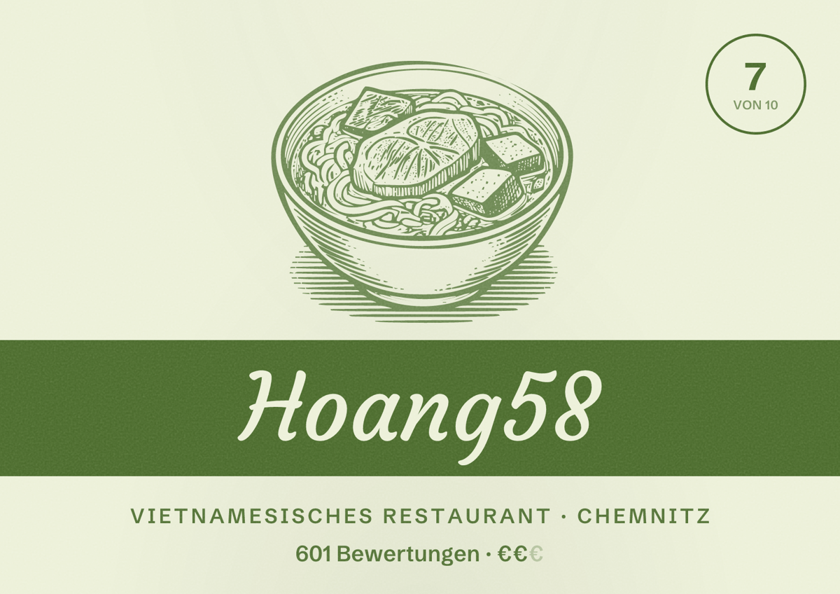 Illustriertes Poster von Hoang58, Vietnamesisches Restaurant in Chemnitz: Bewertung 7 von 10 aus 601 Bewertungen, Preisniveau €€
