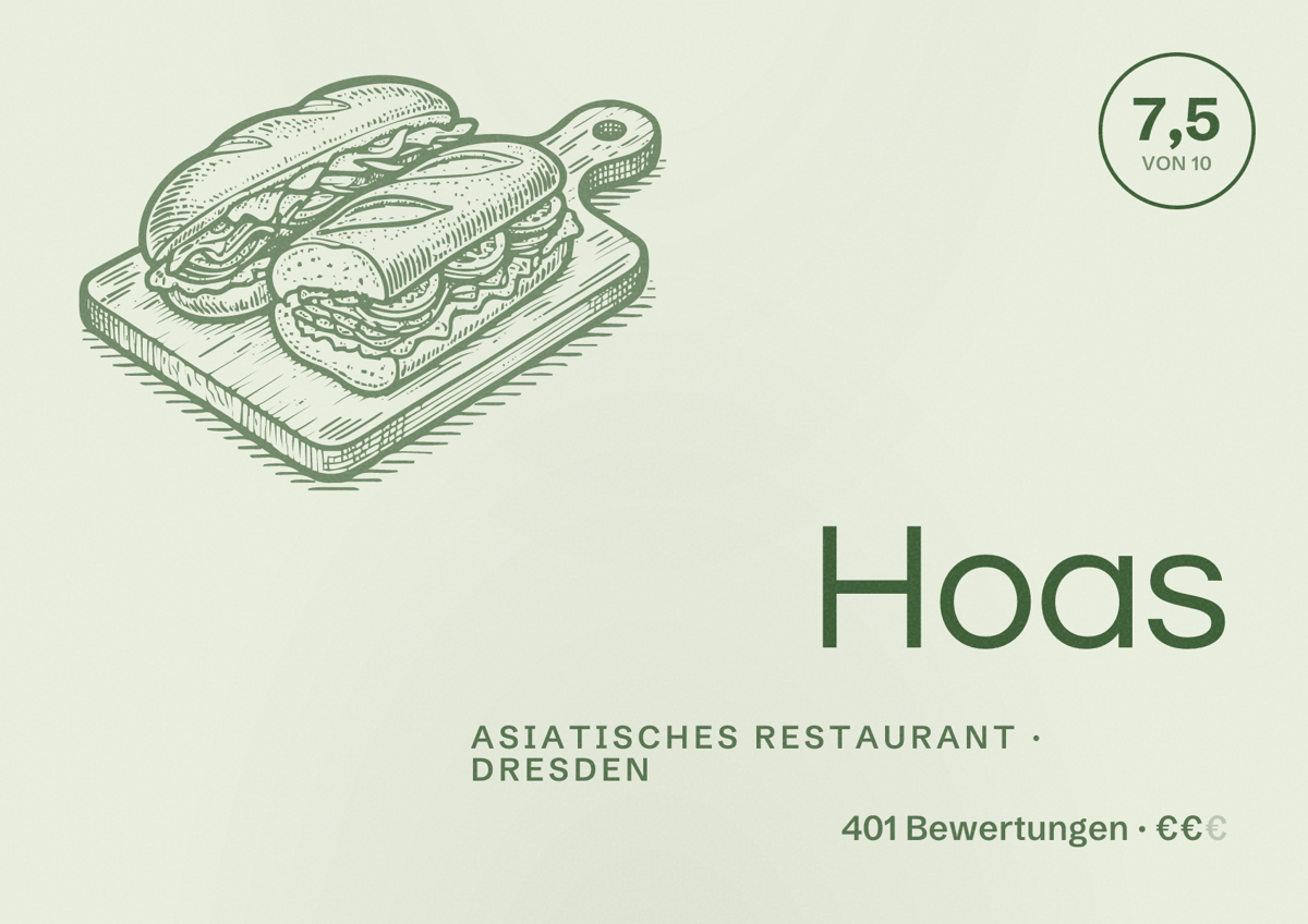 Illustriertes Poster von Hoas, Asiatisches Restaurant in Dresden: Bewertung 7,5 von 10 aus 401 Bewertungen, Preisniveau €€