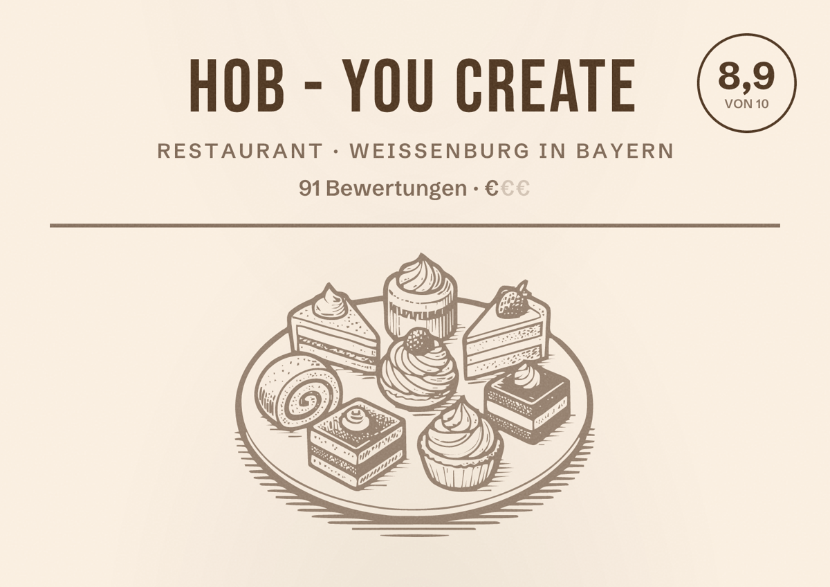 Illustriertes Poster von HoB - you create, Restaurant in Weißenburg in Bayern: Bewertung 8,9 von 10 aus 91 Bewertungen, Preisniveau €