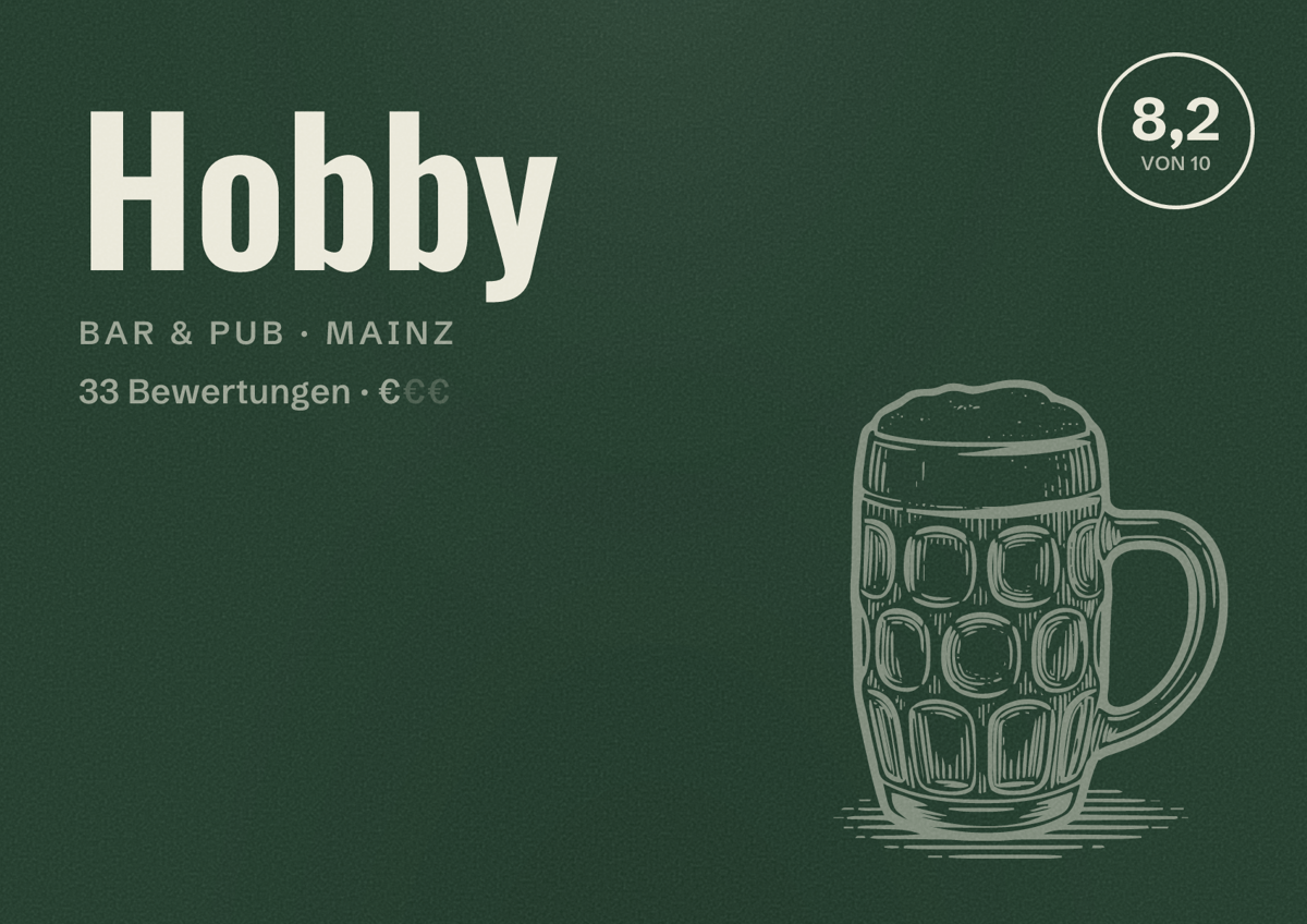 Illustriertes Poster von Hobby, Bar & Pub in Mainz: Bewertung 8,2 von 10 aus 33 Bewertungen, Preisniveau €