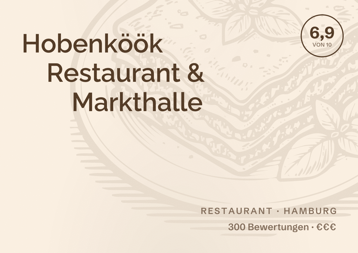 Illustriertes Poster von Hobenköök Restaurant & Markthalle, Restaurant in Hamburg: Bewertung 6,9 von 10 aus 300 Bewertungen, Preisniveau €€€