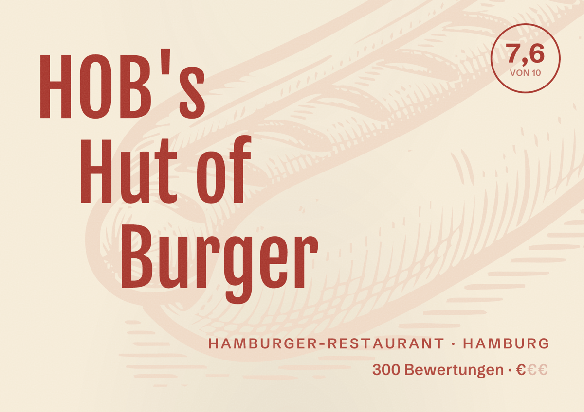 Illustriertes Poster von HOB's Hut of Burger, Hamburger-Restaurant in Hamburg: Bewertung 7,6 von 10 aus 300 Bewertungen, Preisniveau €