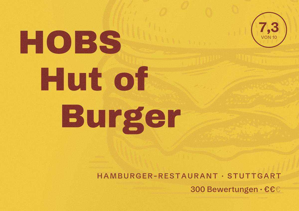 Illustriertes Poster von HOBS Hut of Burger, Hamburger-Restaurant in Stuttgart: Bewertung 7,3 von 10 aus 300 Bewertungen, Preisniveau €€