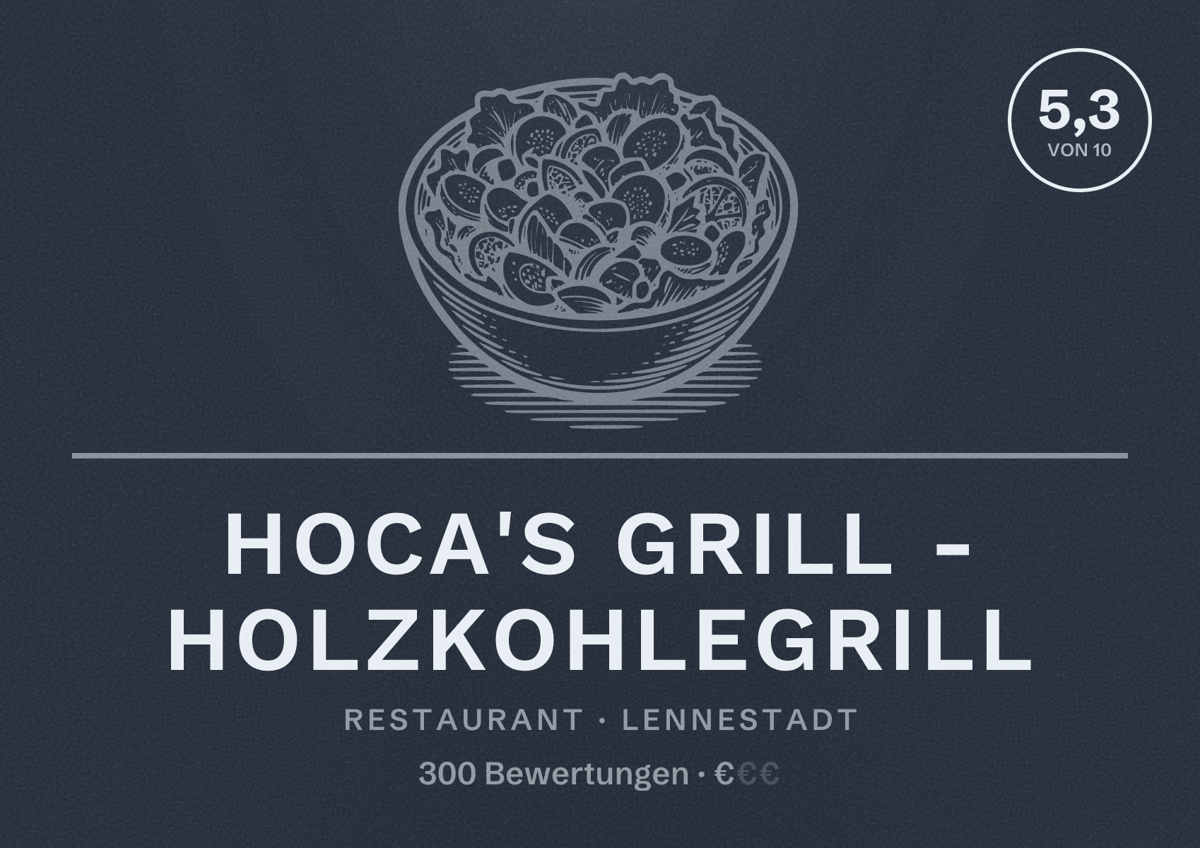 Illustriertes Poster von Hoca's Grill - Holzkohlegrill, Restaurant in Lennestadt: Bewertung 5,3 von 10 aus 300 Bewertungen, Preisniveau €