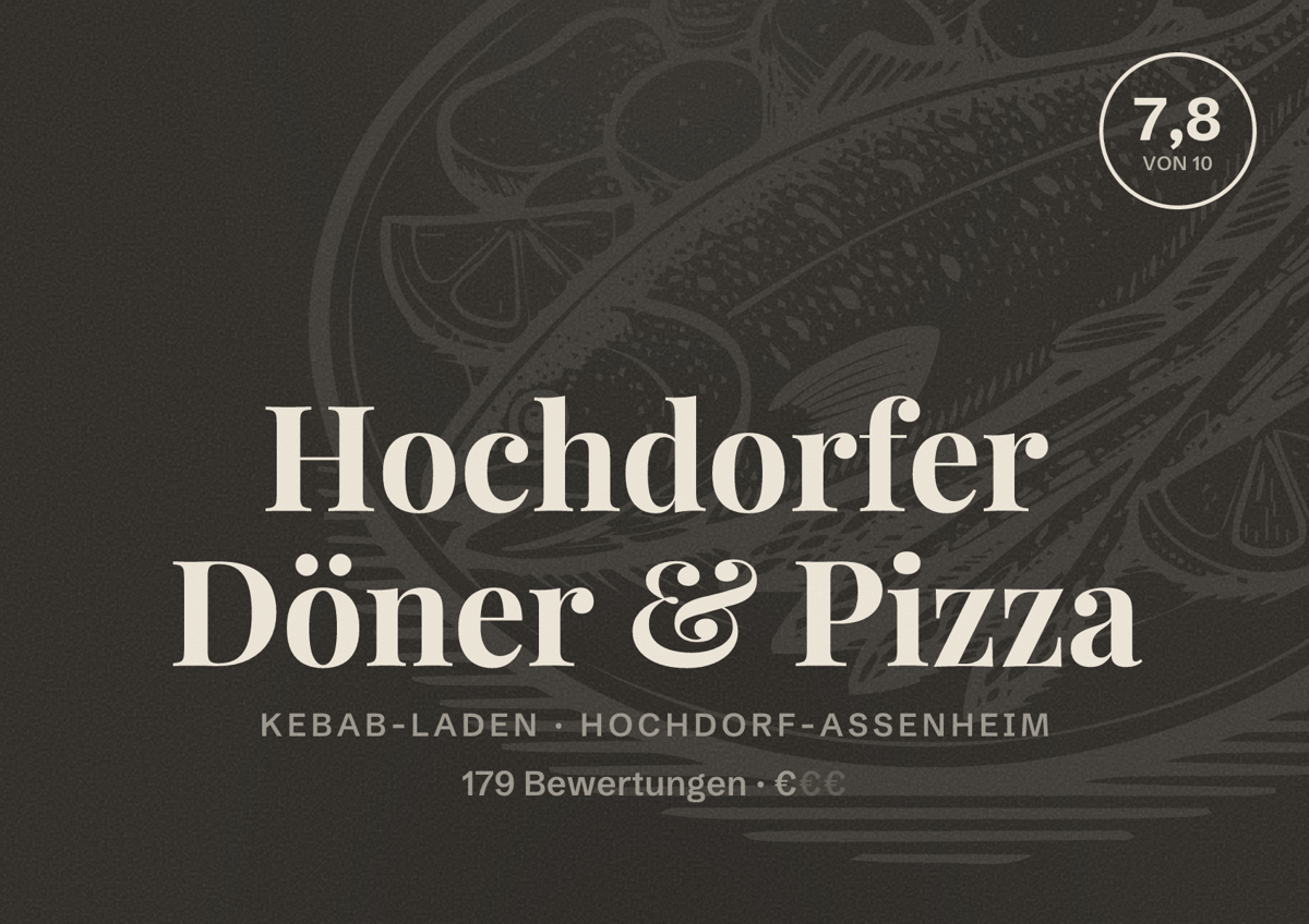 Illustriertes Poster von Hochdorfer Döner & Pizza, Kebab-Laden in Hochdorf-Assenheim: Bewertung 7,8 von 10 aus 179 Bewertungen, Preisniveau €