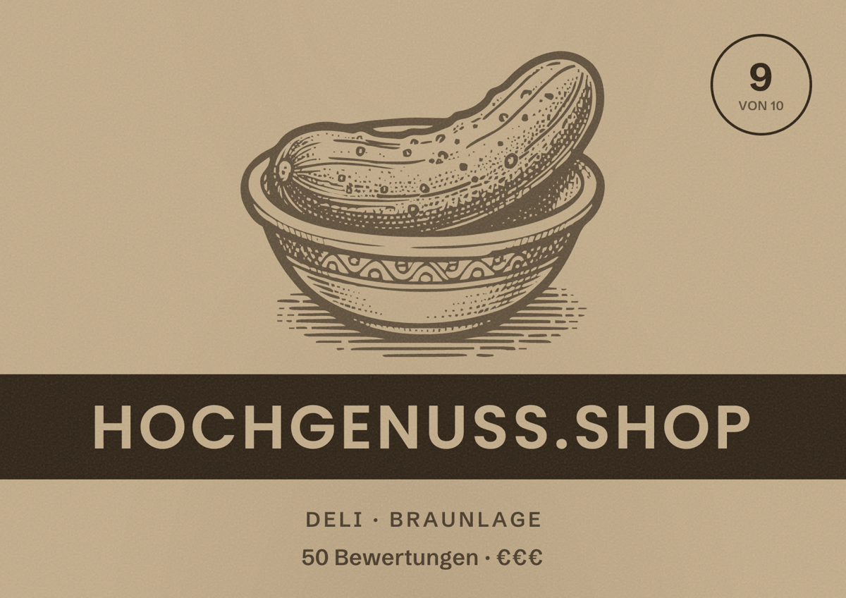 Illustriertes Poster von Hochgenuss.shop, Deli in Braunlage: Bewertung 9 von 10 aus 50 Bewertungen, Preisniveau €€€