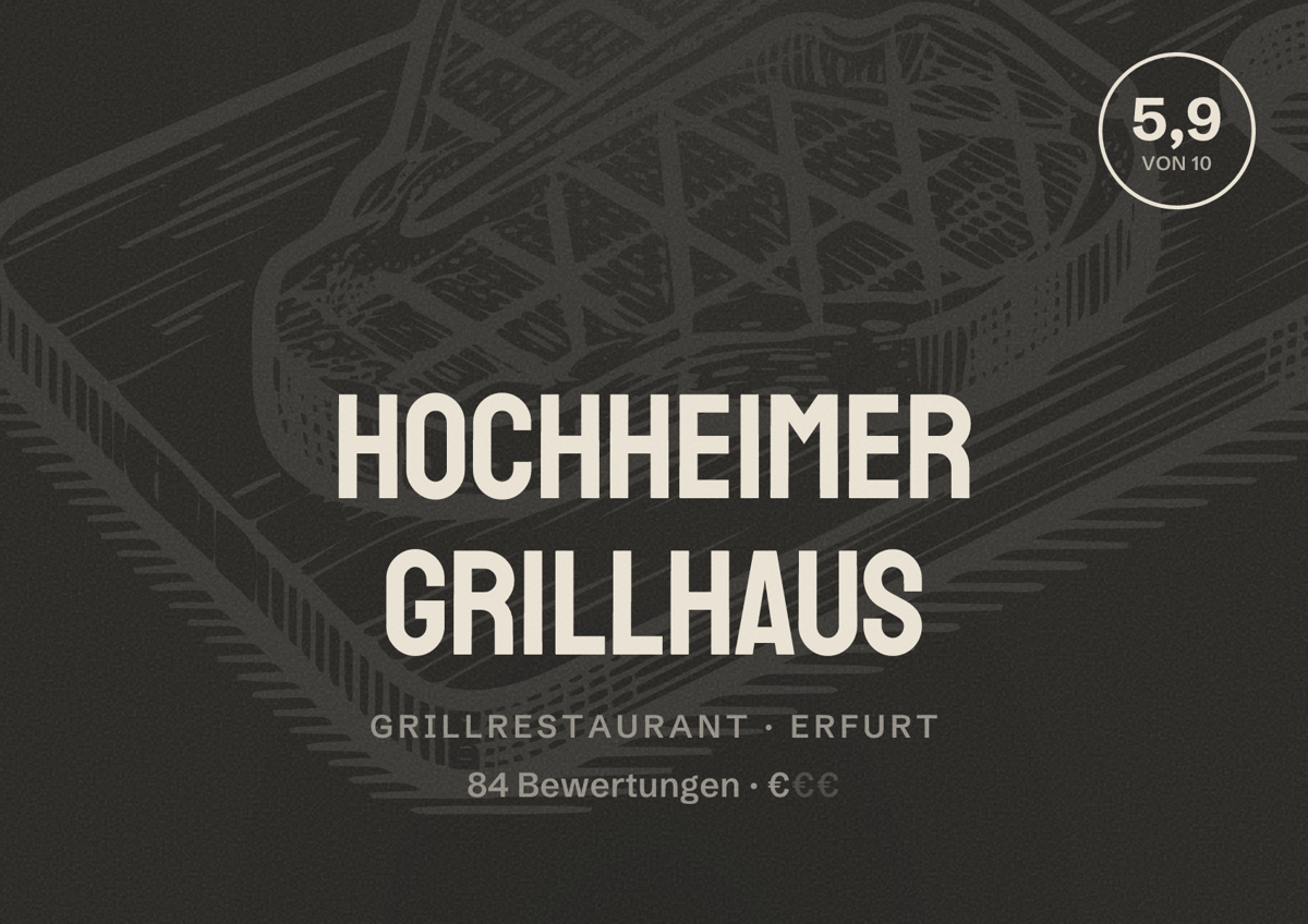 Illustriertes Poster von Hochheimer Grillhaus, Grillrestaurant in Erfurt: Bewertung 5,9 von 10 aus 84 Bewertungen, Preisniveau €