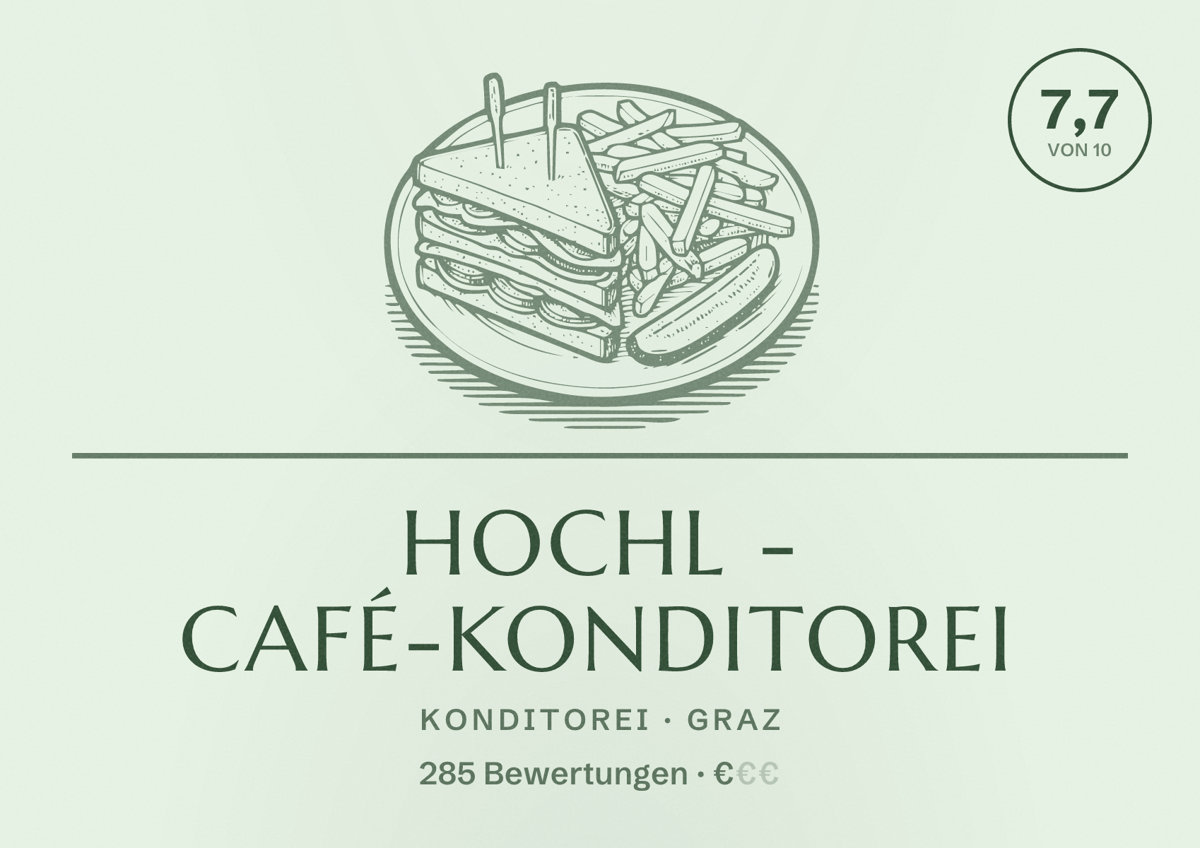 Illustriertes Poster von Hochl - Café-Konditorei, Konditorei in Graz: Bewertung 7,7 von 10 aus 285 Bewertungen, Preisniveau €