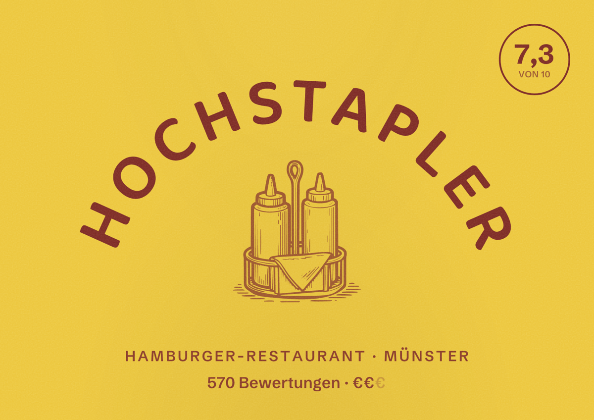 Illustriertes Poster von HOCHSTAPLER, Hamburger-Restaurant in Münster: Bewertung 7,3 von 10 aus 570 Bewertungen, Preisniveau €€
