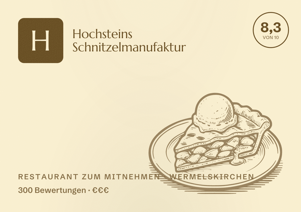 Illustriertes Poster von Hochsteins Schnitzelmanufaktur, Restaurant zum Mitnehmen in Wermelskirchen: Bewertung 8,3 von 10 aus 300 Bewertungen, Preisniveau €€€