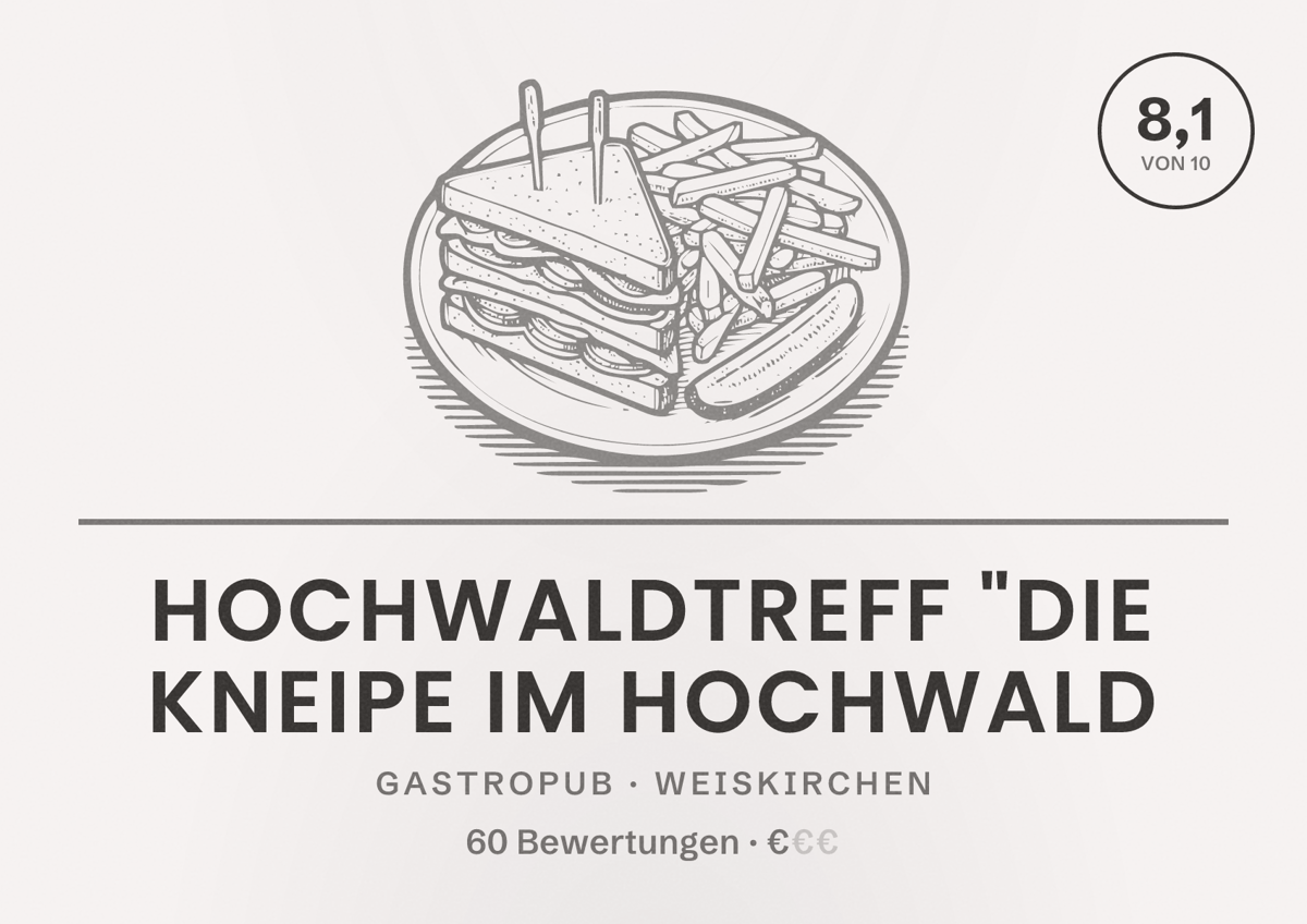 Illustriertes Poster von Hochwaldtreff "die kneipe im Hochwald, Gastropub in Weiskirchen: Bewertung 8,1 von 10 aus 60 Bewertungen, Preisniveau €