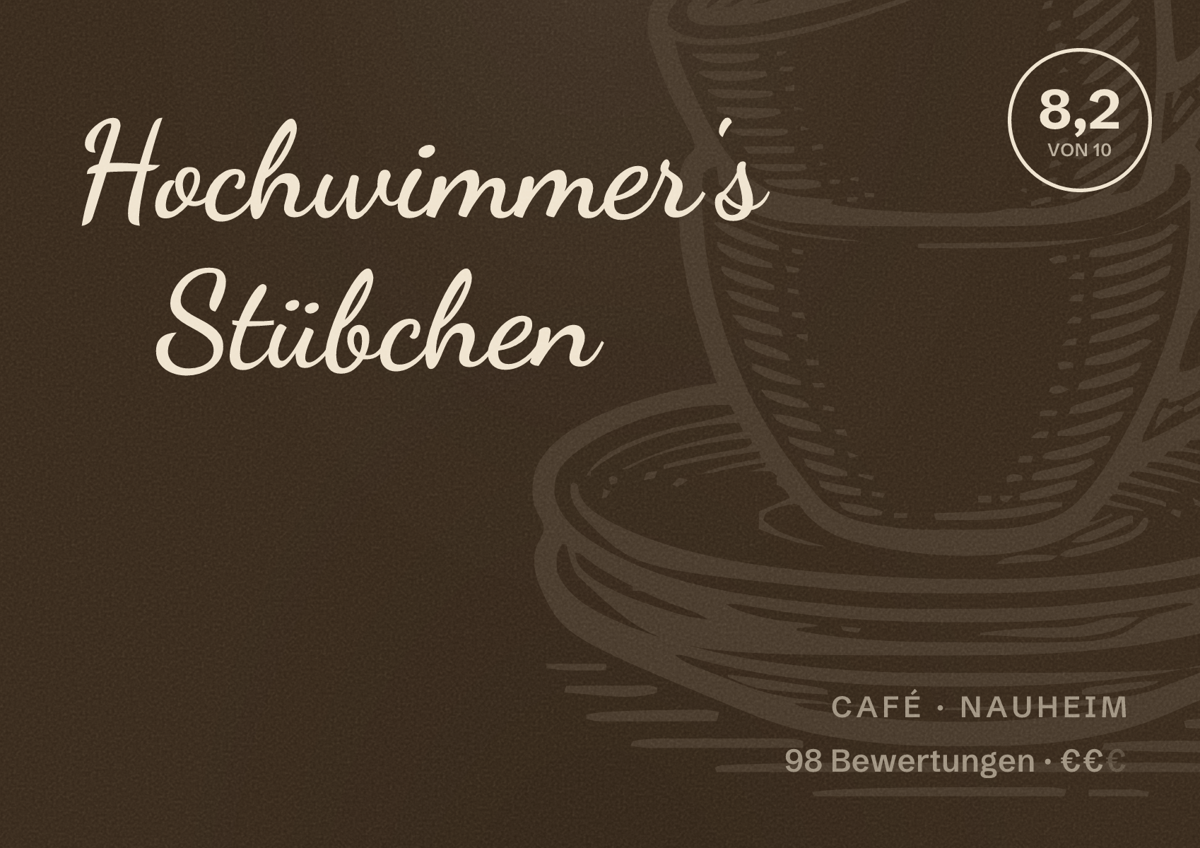 Illustriertes Poster von Hochwimmer's Stübchen, Café in Nauheim: Bewertung 8,2 von 10 aus 98 Bewertungen, Preisniveau €€
