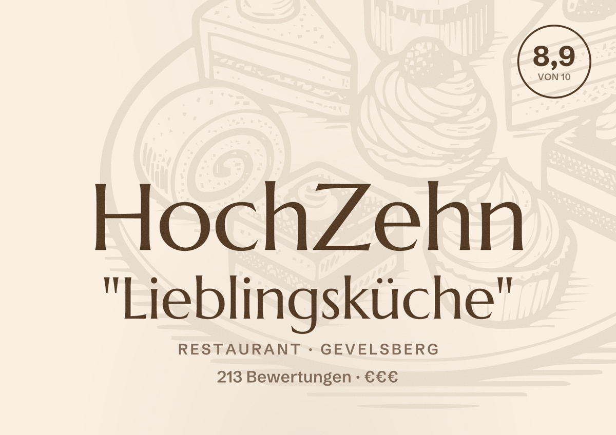 Illustriertes Poster von HochZehn "Lieblingsküche", Restaurant in Gevelsberg: Bewertung 8,9 von 10 aus 213 Bewertungen, Preisniveau €€€