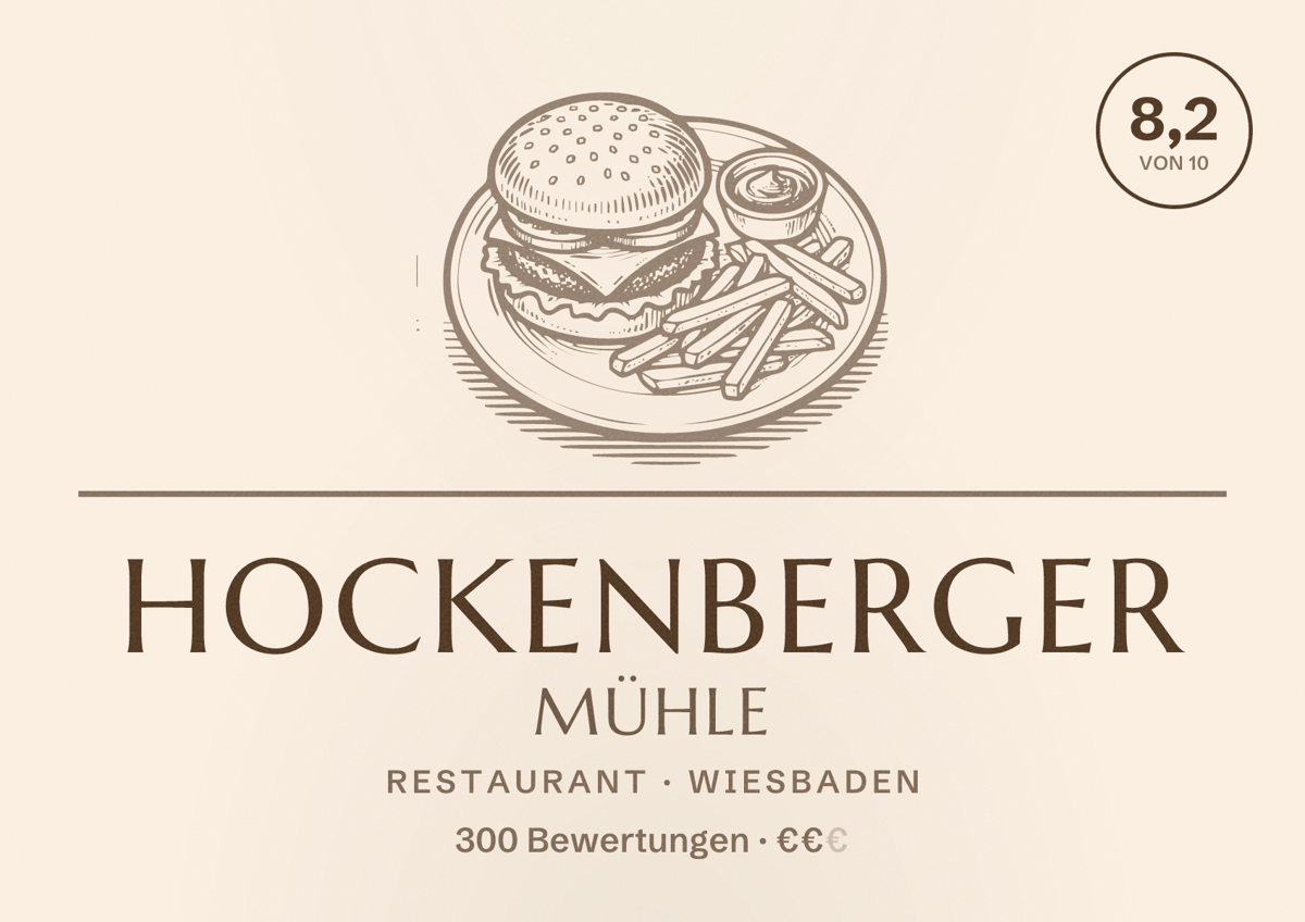 Illustriertes Poster von Hockenberger Mühle, Restaurant in Wiesbaden: Bewertung 8,2 von 10 aus 300 Bewertungen, Preisniveau €€