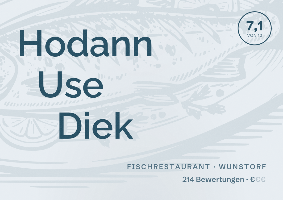 Illustriertes Poster von Hodann Use Diek, Fischrestaurant in Wunstorf: Bewertung 7,1 von 10 aus 214 Bewertungen, Preisniveau €