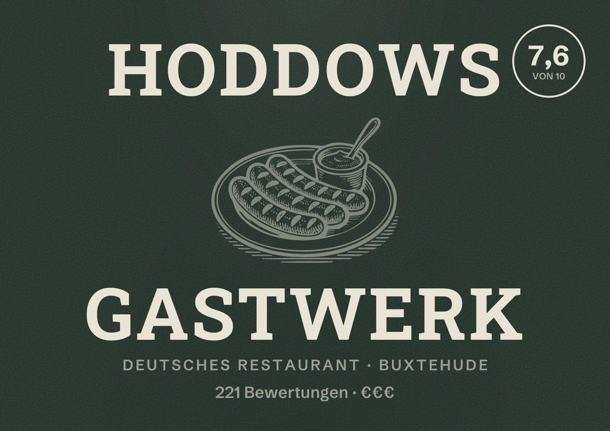Illustriertes Poster von Hoddows Gastwerk, Deutsches Restaurant in Buxtehude: Bewertung 7,6 von 10 aus 221 Bewertungen, Preisniveau €€€
