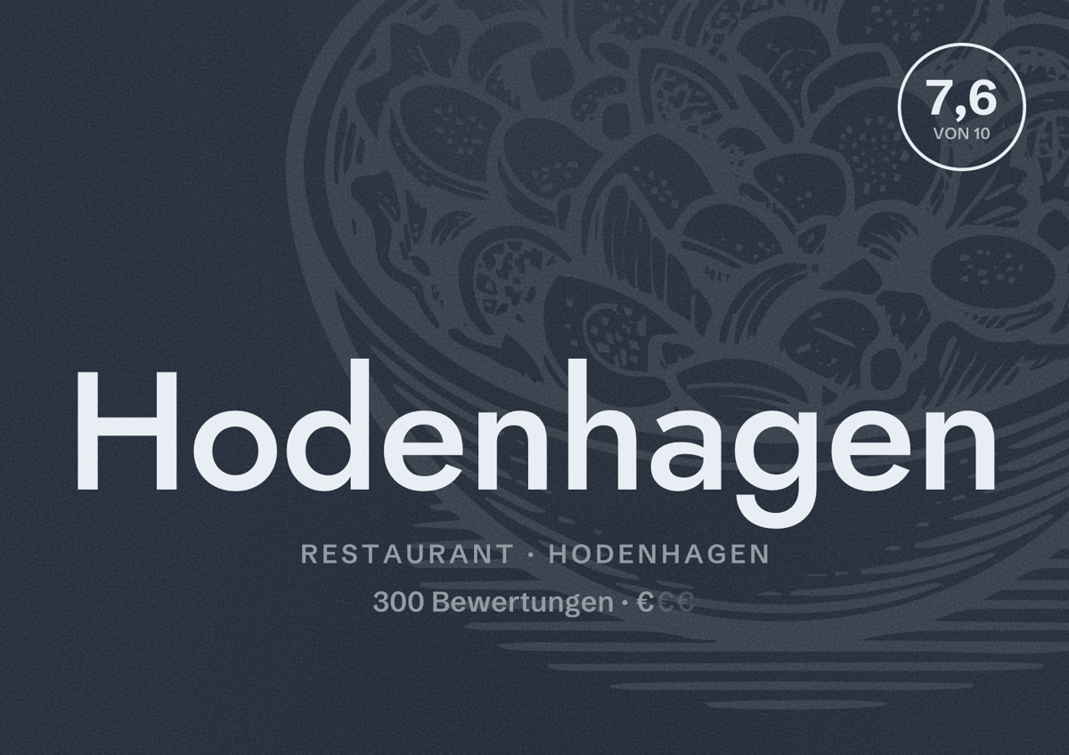 Illustriertes Poster von Hodenhagen, Restaurant in Hodenhagen: Bewertung 7,6 von 10 aus 300 Bewertungen, Preisniveau €