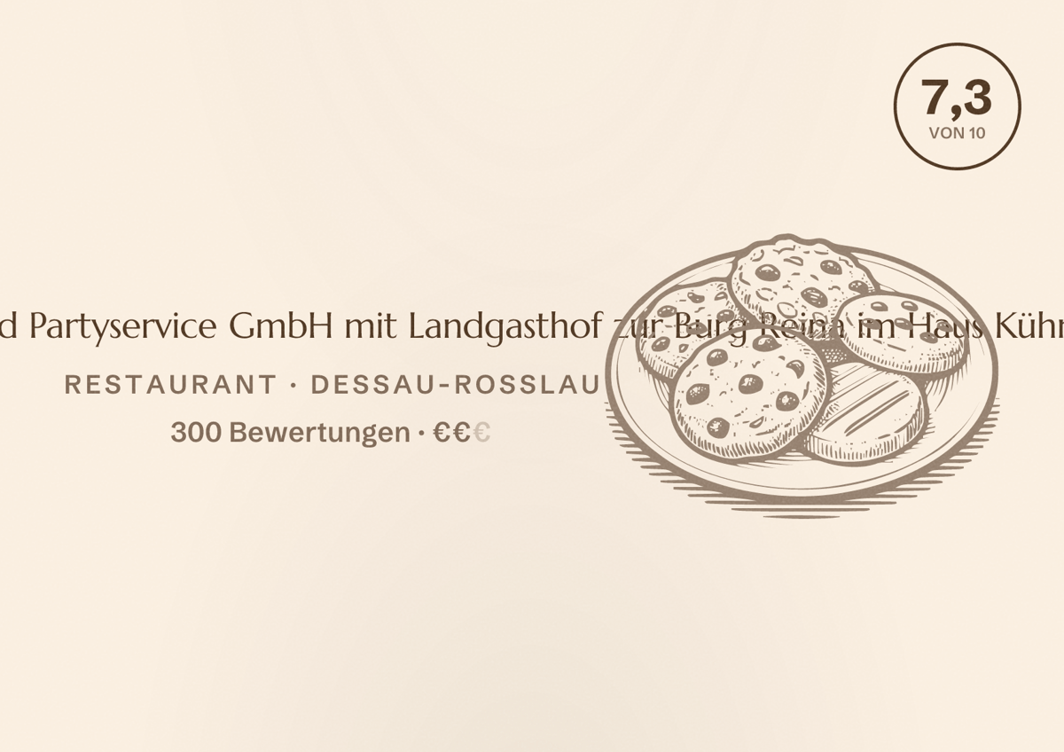 Illustriertes Poster von Höbel & Meyer Küchen- und Partyservice GmbH mit Landgasthof zur Burg Reina im Haus Kühnau, Restaurant in Dessau-Roßlau: Bewertung 7,3 von 10 aus 300 Bewertungen, Preisniveau €€