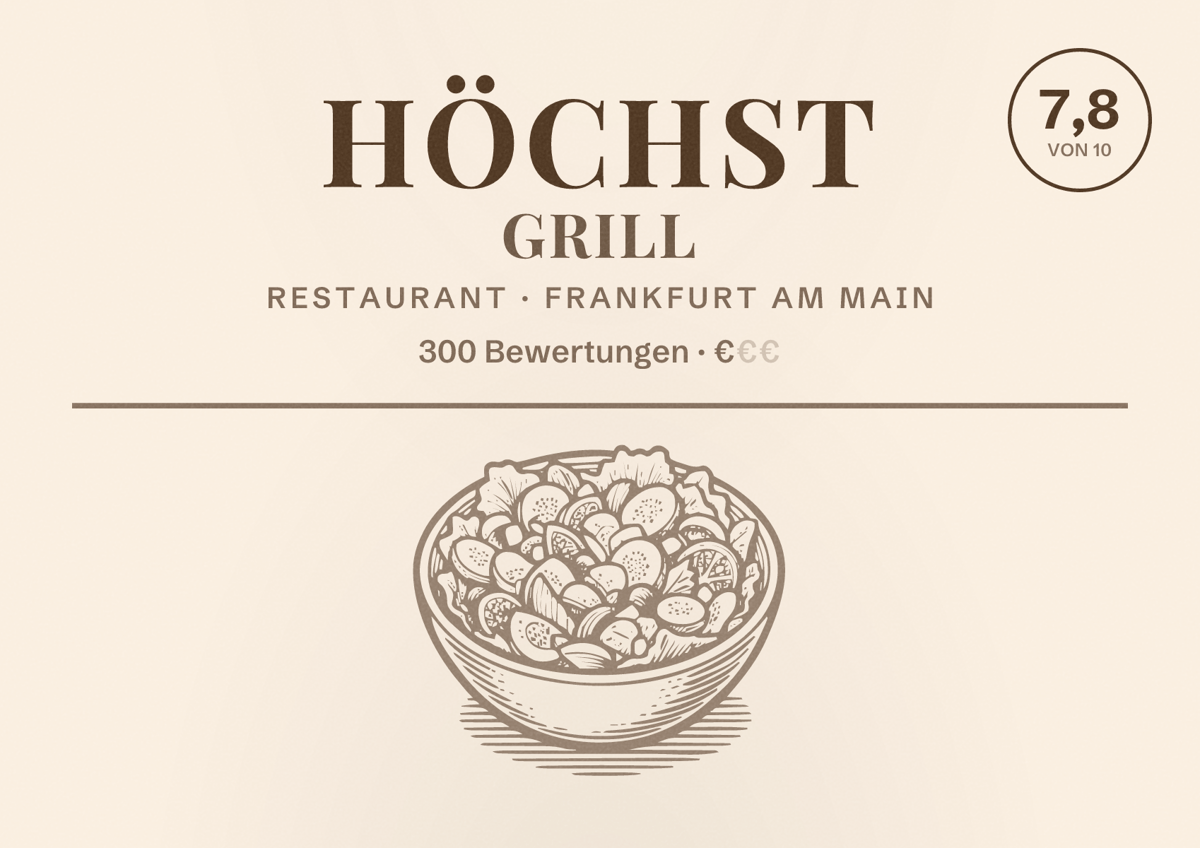 Illustriertes Poster von Höchst Grill, Restaurant in Frankfurt am Main: Bewertung 7,8 von 10 aus 300 Bewertungen, Preisniveau €