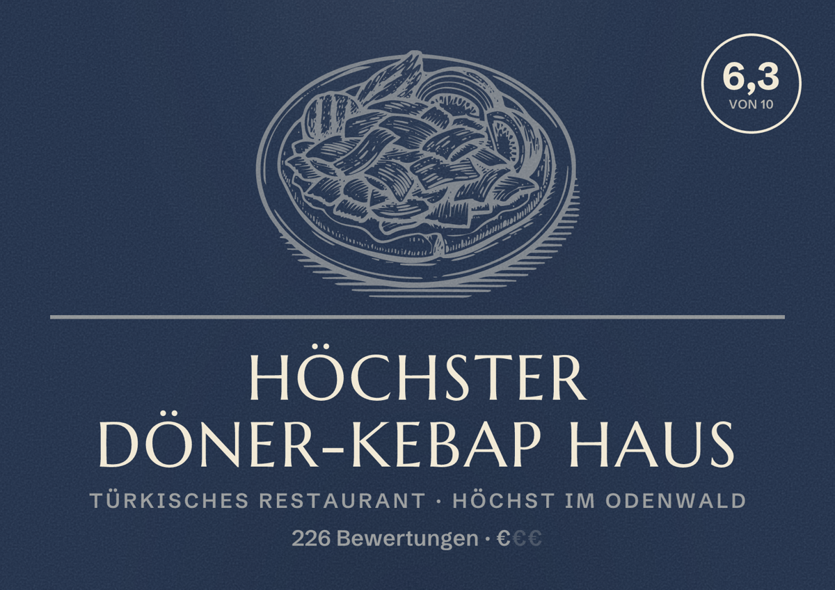Illustriertes Poster von Höchster Döner-Kebap Haus, Türkisches Restaurant in Höchst im Odenwald: Bewertung 6,3 von 10 aus 226 Bewertungen, Preisniveau €