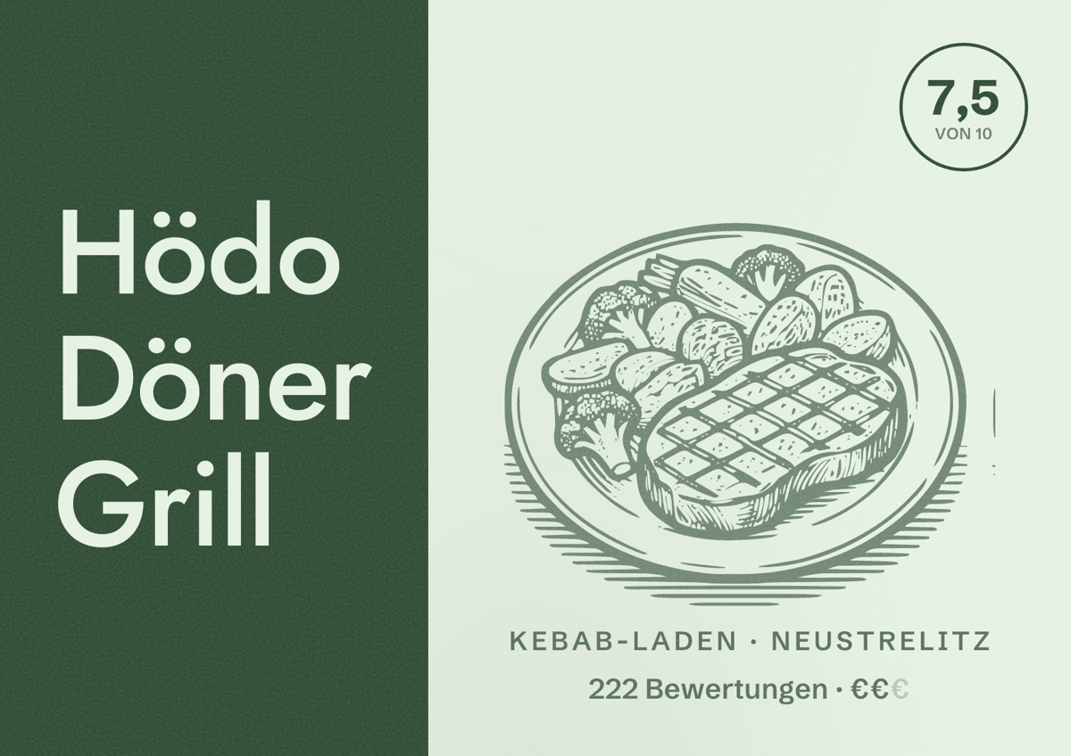 Illustriertes Poster von Hödo Döner Grill, Kebab-Laden in Neustrelitz: Bewertung 7,5 von 10 aus 222 Bewertungen, Preisniveau €€
