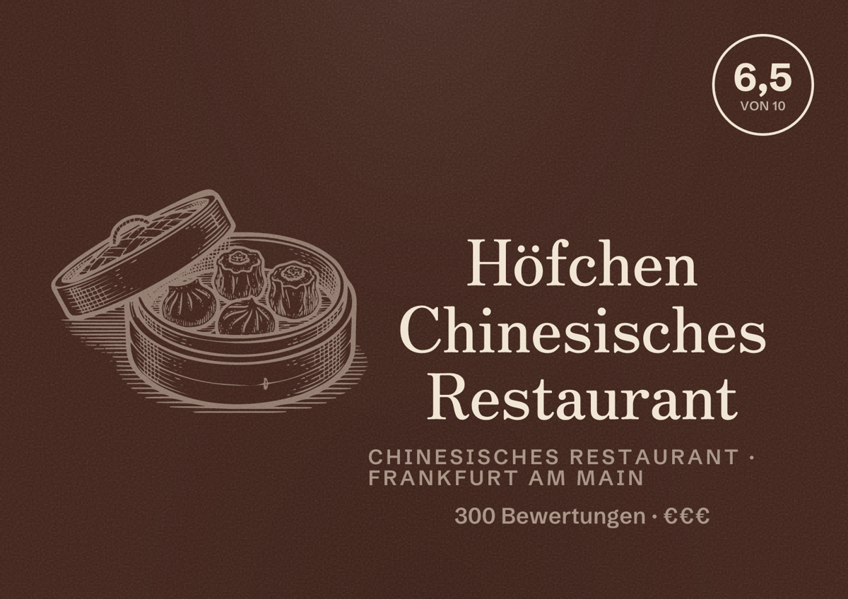 Illustriertes Poster von Höfchen Chinesisches Restaurant, Chinesisches Restaurant in Frankfurt am Main: Bewertung 6,5 von 10 aus 300 Bewertungen, Preisniveau €€€