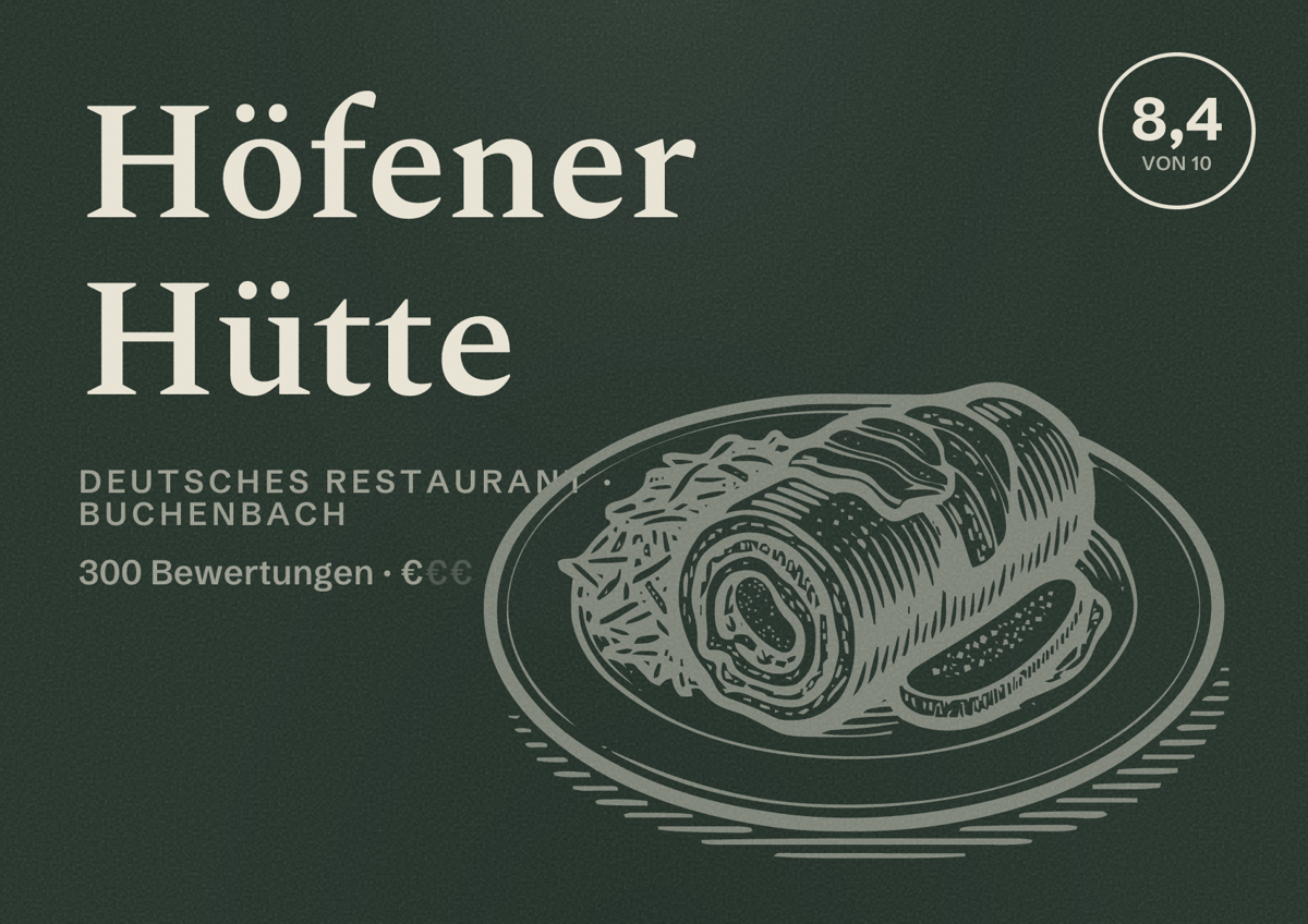 Illustriertes Poster von Höfener Hütte, Deutsches Restaurant in Buchenbach: Bewertung 8,4 von 10 aus 300 Bewertungen, Preisniveau €