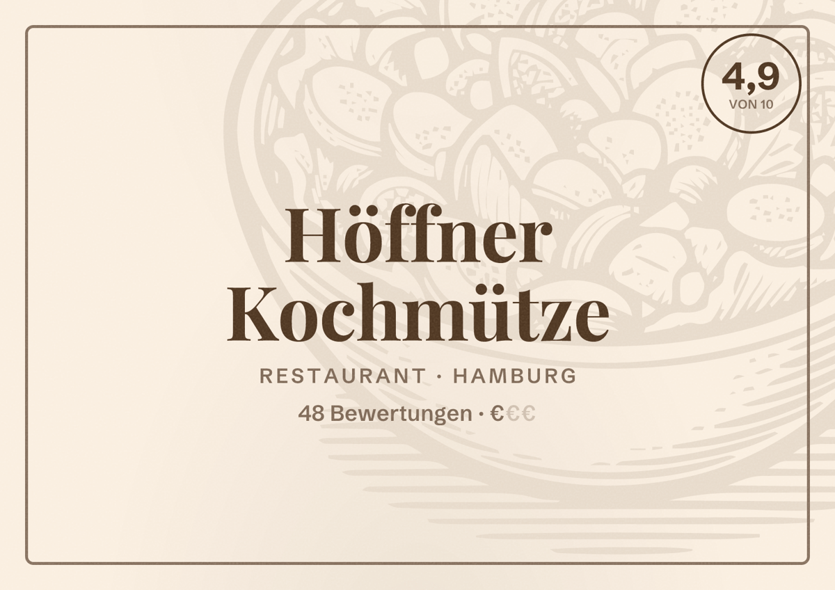 Illustriertes Poster von Höffner Kochmütze, Restaurant in Hamburg: Bewertung 4,9 von 10 aus 48 Bewertungen, Preisniveau €