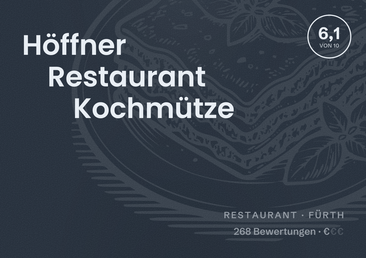 Illustriertes Poster von Höffner Restaurant Kochmütze, Restaurant in Fürth: Bewertung 6,1 von 10 aus 268 Bewertungen, Preisniveau €