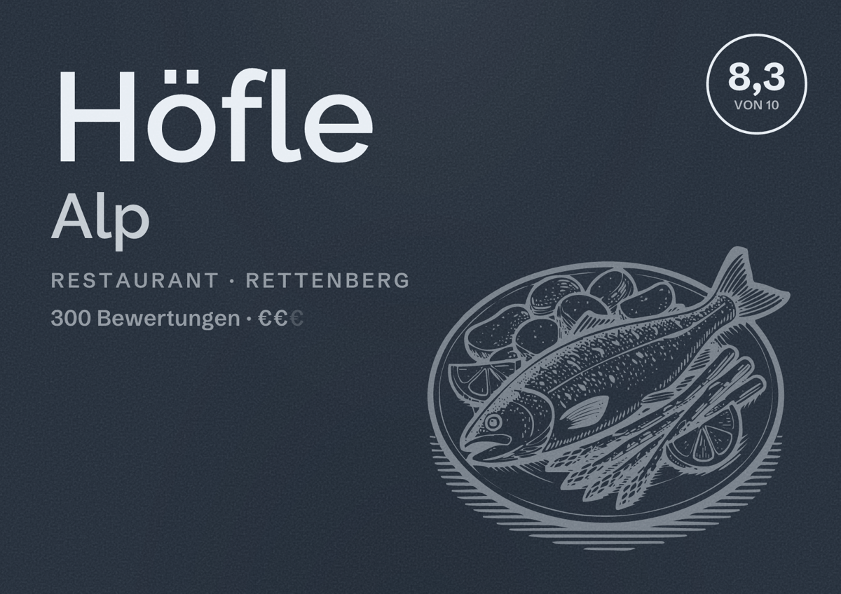 Illustriertes Poster von Höfle Alp, Restaurant in Rettenberg: Bewertung 8,3 von 10 aus 300 Bewertungen, Preisniveau €€