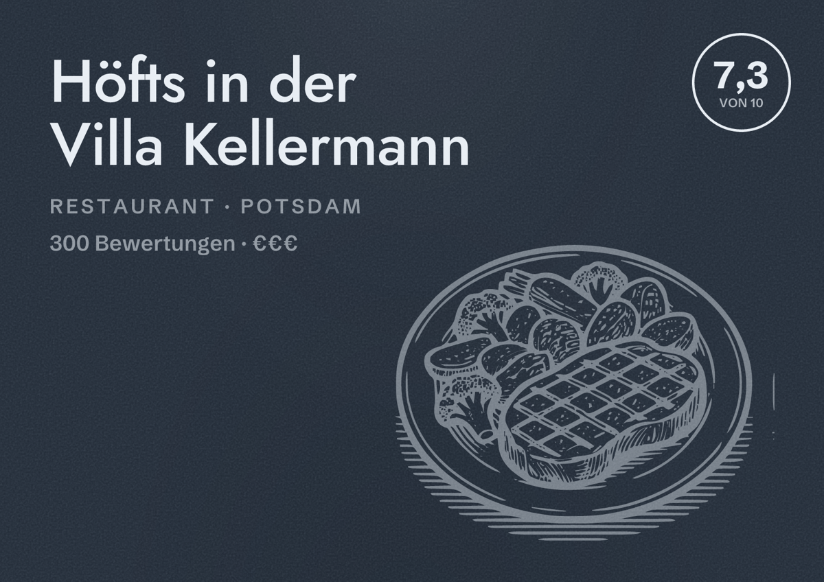 Illustriertes Poster von Höfts in der Villa Kellermann, Restaurant in Potsdam: Bewertung 7,3 von 10 aus 300 Bewertungen, Preisniveau €€€