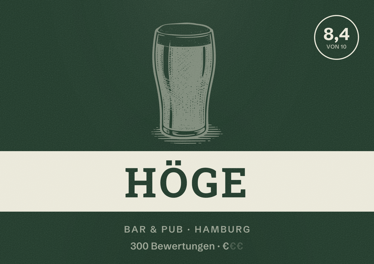 Illustriertes Poster von HÖGE, Bar & Pub in Hamburg: Bewertung 8,4 von 10 aus 300 Bewertungen, Preisniveau €