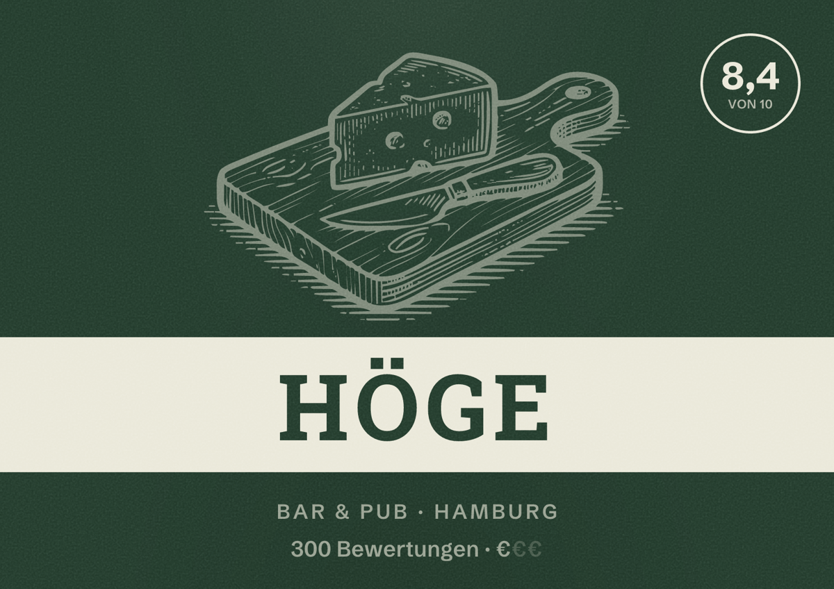 Illustriertes Poster von HÖGE, Bar & Pub in Hamburg: Bewertung 8,4 von 10 aus 300 Bewertungen, Preisniveau €