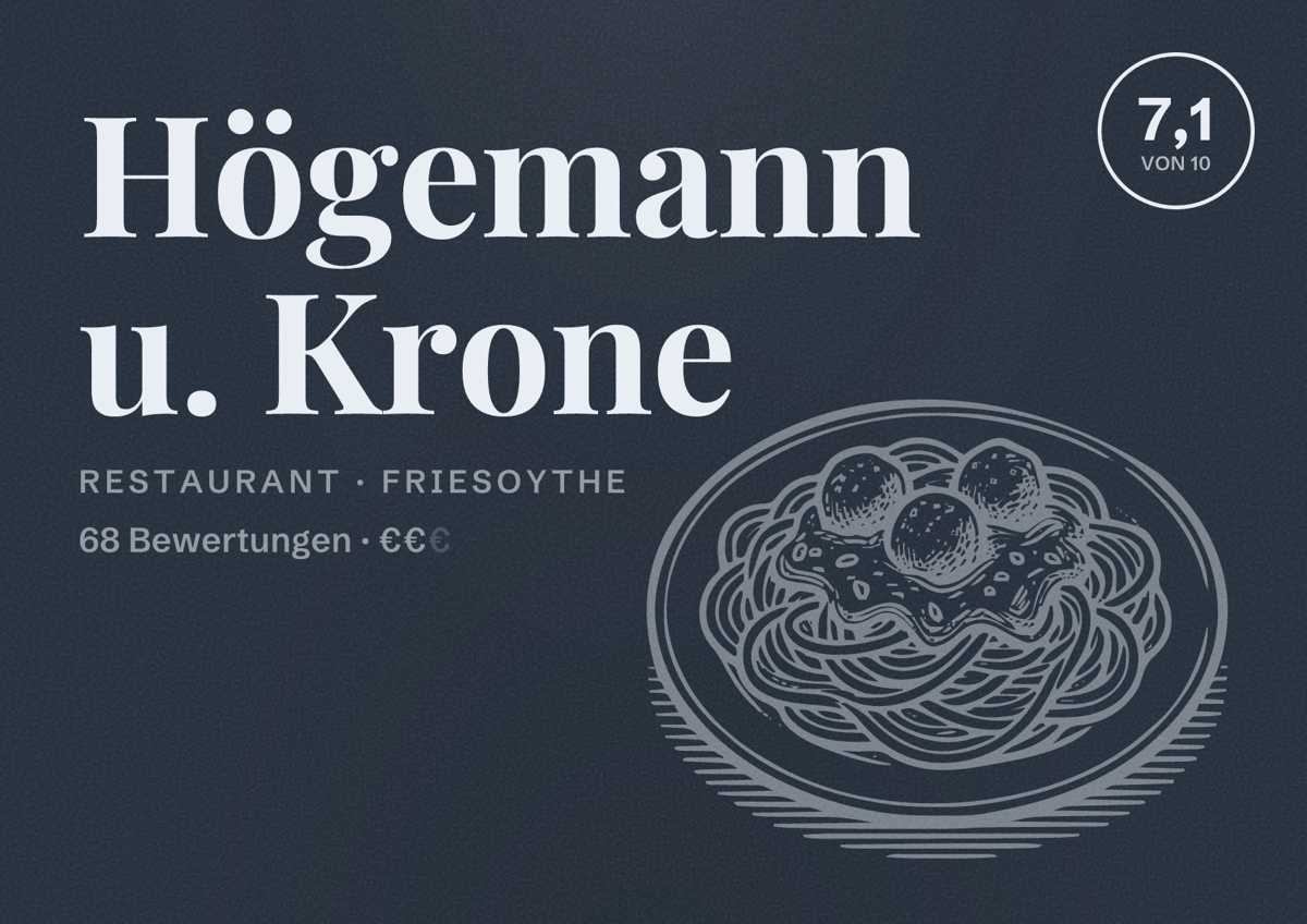 Illustriertes Poster von Högemann u. Krone, Restaurant in Friesoythe: Bewertung 7,1 von 10 aus 68 Bewertungen, Preisniveau €€