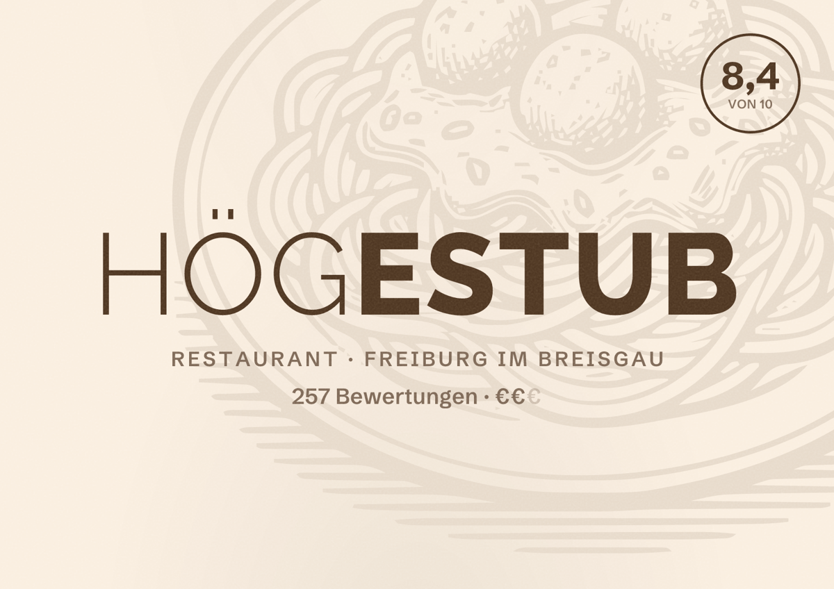 Illustriertes Poster von Högestub, Restaurant in Freiburg im Breisgau: Bewertung 8,4 von 10 aus 257 Bewertungen, Preisniveau €€