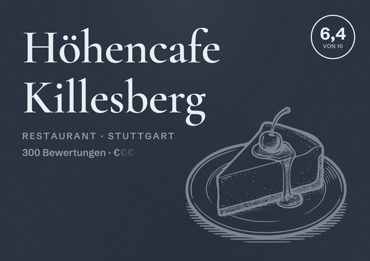 Illustriertes Poster von Höhencafe Killesberg, Restaurant in Stuttgart: Bewertung 6,4 von 10 aus 300 Bewertungen, Preisniveau €