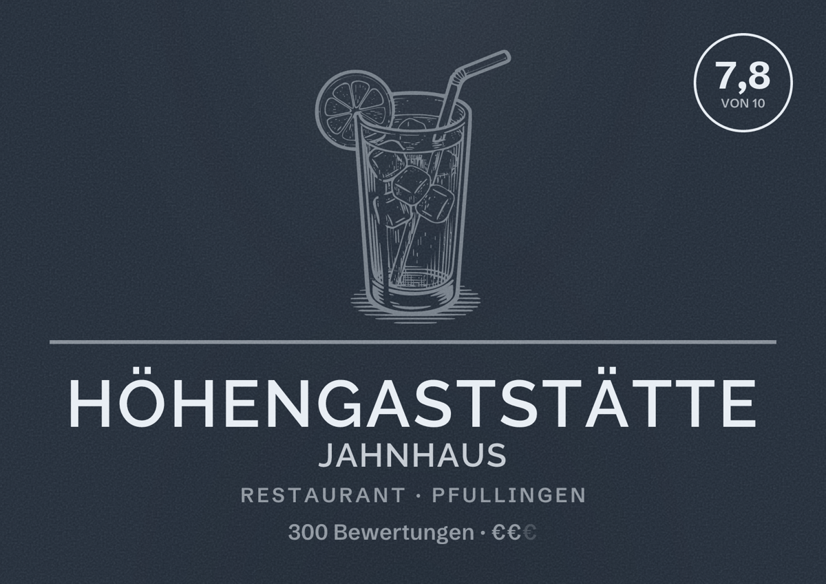 Illustriertes Poster von Höhengaststätte Jahnhaus, Restaurant in Pfullingen: Bewertung 7,8 von 10 aus 300 Bewertungen, Preisniveau €€