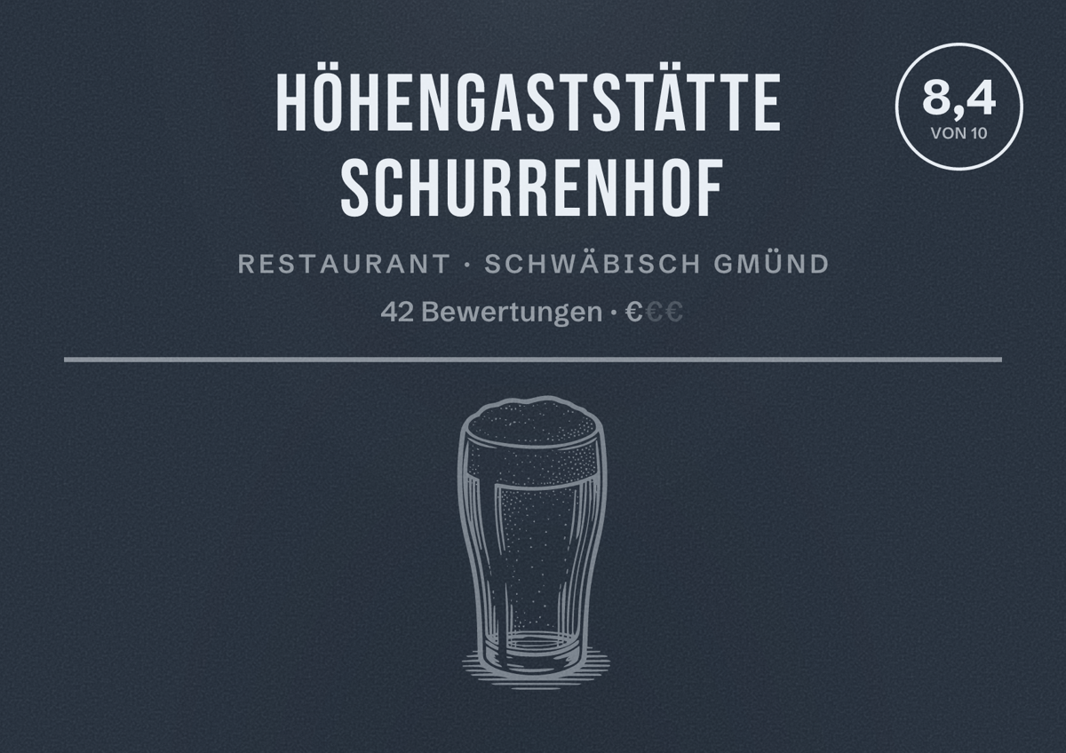 Illustriertes Poster von Höhengaststätte Schurrenhof, Restaurant in Schwäbisch Gmünd: Bewertung 8,4 von 10 aus 42 Bewertungen, Preisniveau €