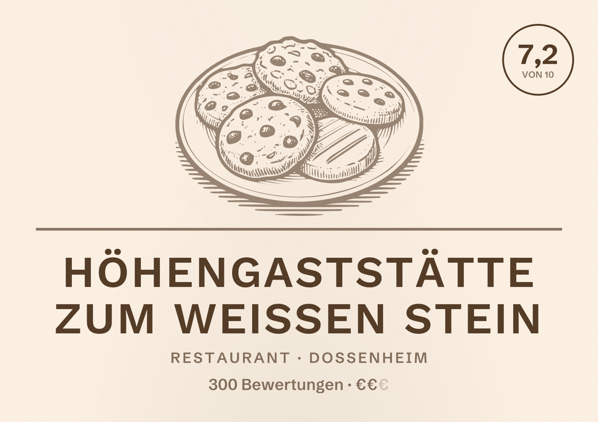 Illustriertes Poster von Höhengaststätte Zum Weißen Stein, Restaurant in Dossenheim: Bewertung 7,2 von 10 aus 300 Bewertungen, Preisniveau €€