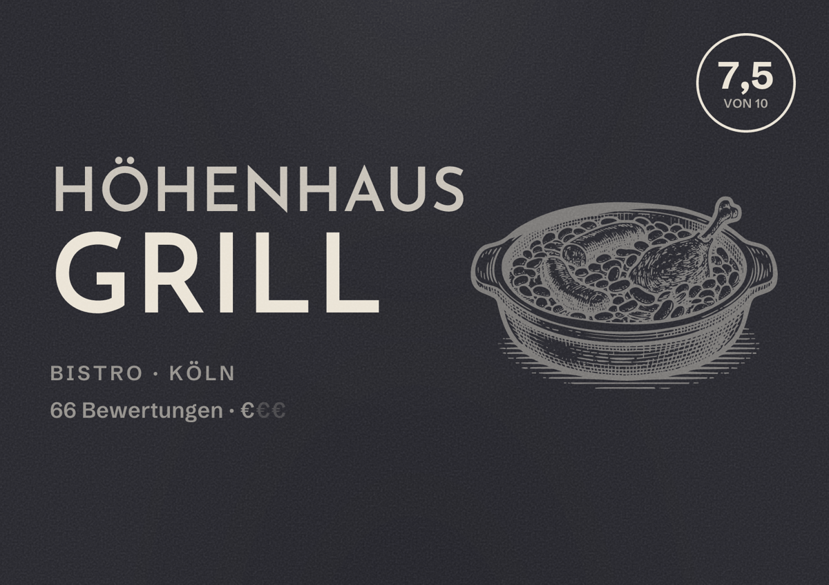 Illustriertes Poster von Höhenhaus Grill, Bistro in Köln: Bewertung 7,5 von 10 aus 66 Bewertungen, Preisniveau €