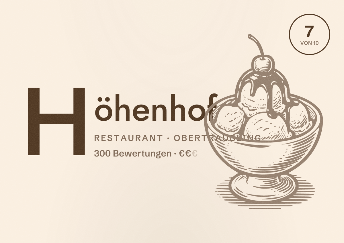 Illustriertes Poster von Höhenhof, Restaurant in Obertraubling: Bewertung 7 von 10 aus 300 Bewertungen, Preisniveau €€