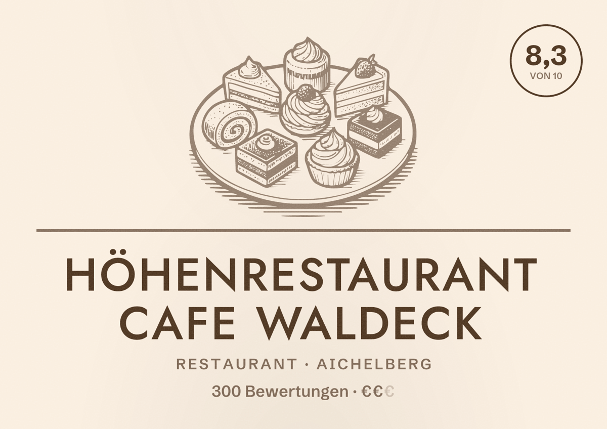 Illustriertes Poster von Höhenrestaurant Cafe Waldeck, Restaurant in Aichelberg: Bewertung 8,3 von 10 aus 300 Bewertungen, Preisniveau €€