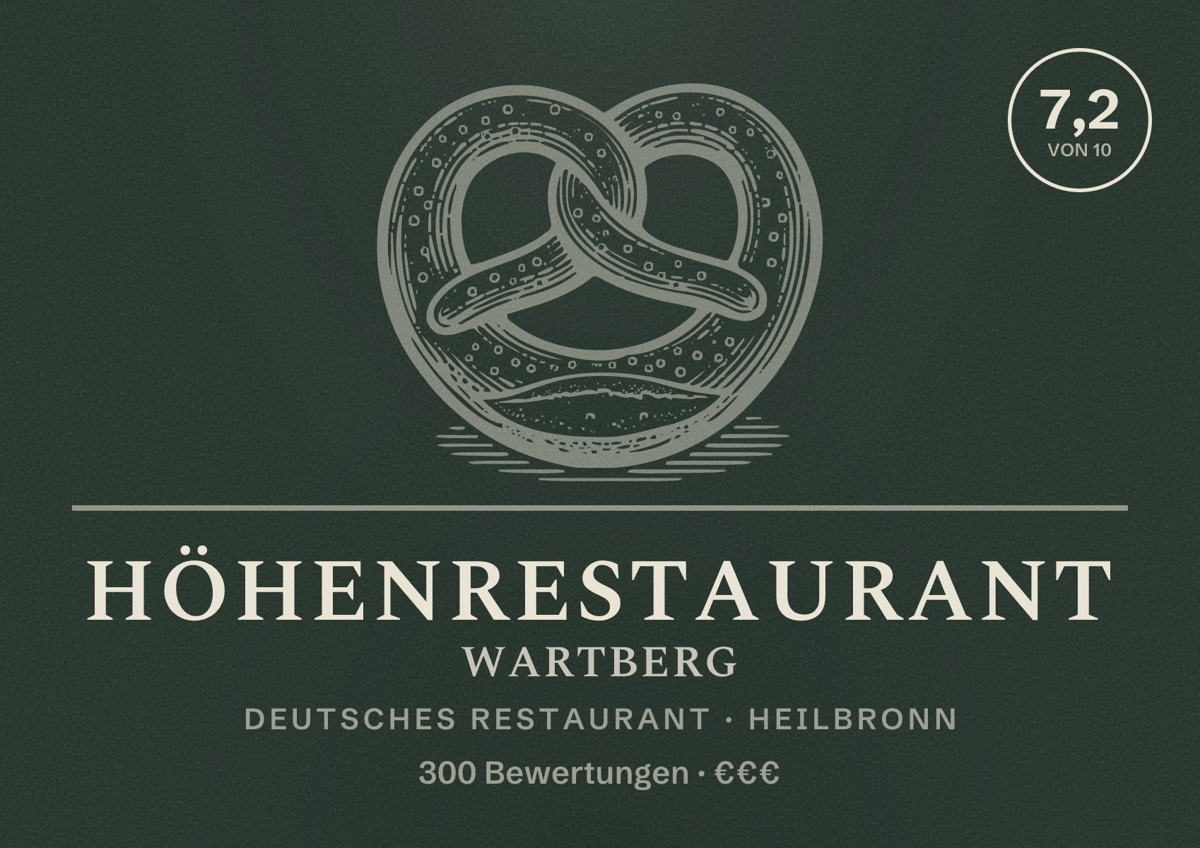 Illustriertes Poster von Höhenrestaurant Wartberg, Deutsches Restaurant in Heilbronn: Bewertung 7,2 von 10 aus 300 Bewertungen, Preisniveau €€€